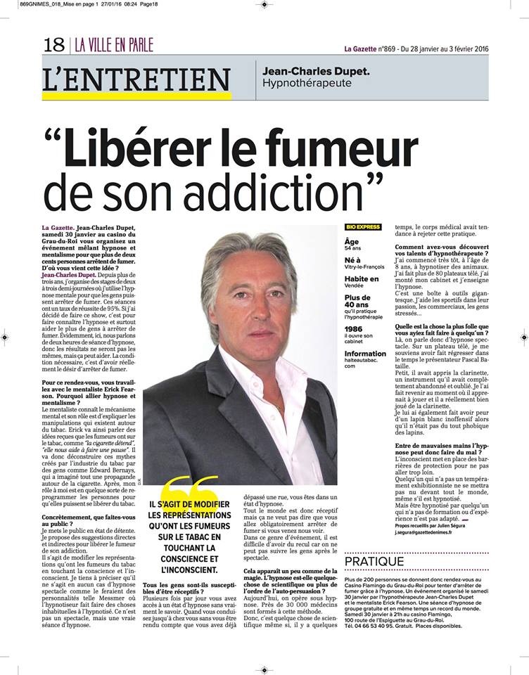 Journal La gazette "Libérer le fumeur de son addiction" avec Jean-charles Dupet